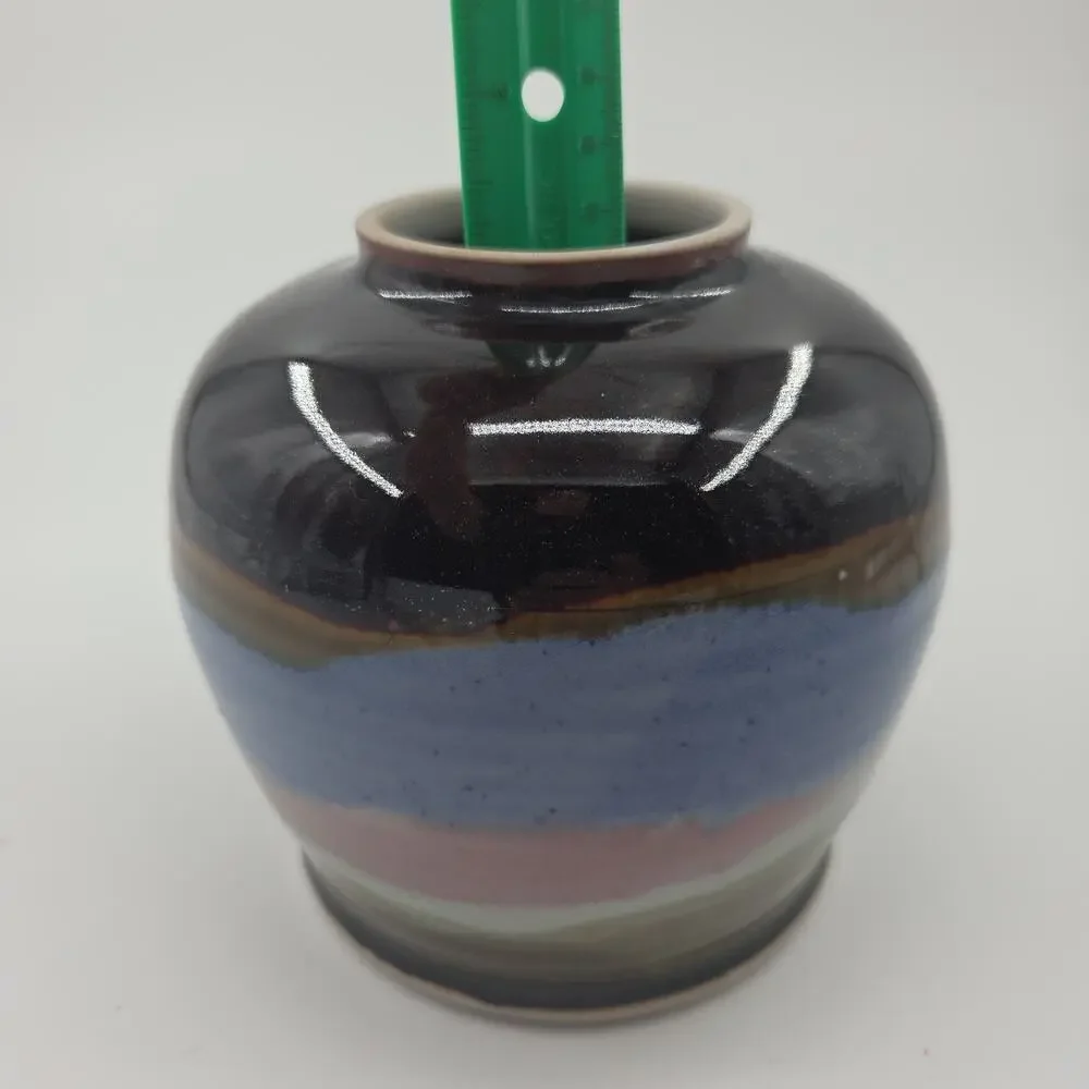 Signed‎ Studio Pottery Vase Drip Glaze Blue Brown Mauve Modern Art Pottery 5.5